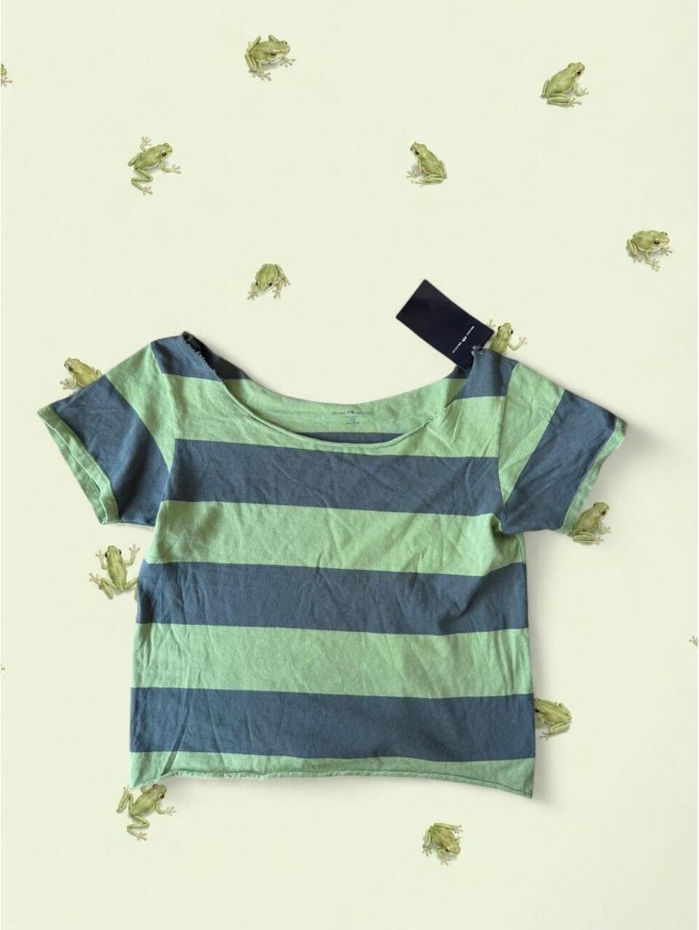 Brandy Melville green and navy striped robyn top